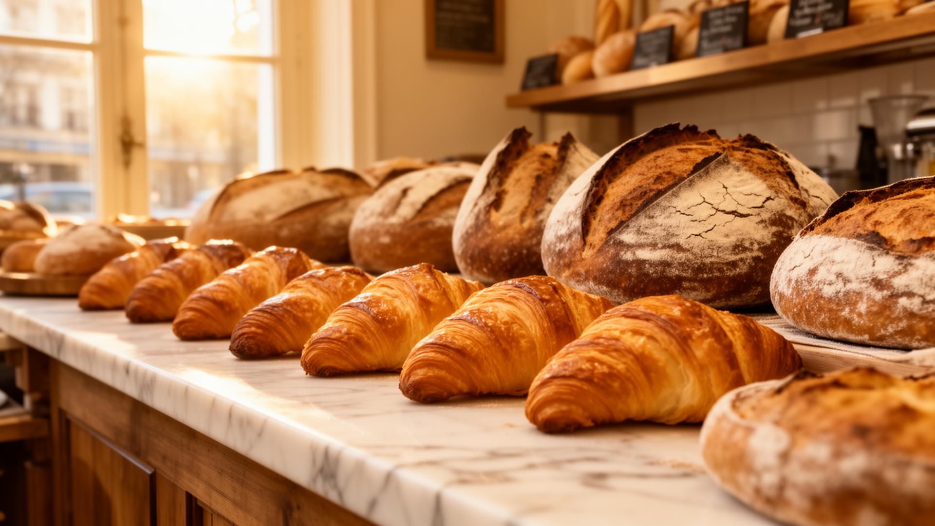 Croissants and sourdough on a marble counter